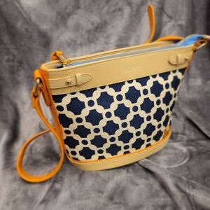 Spartina "May River" Isabelle Shoulder Bag Geometric Pattern Navy Natural Linen